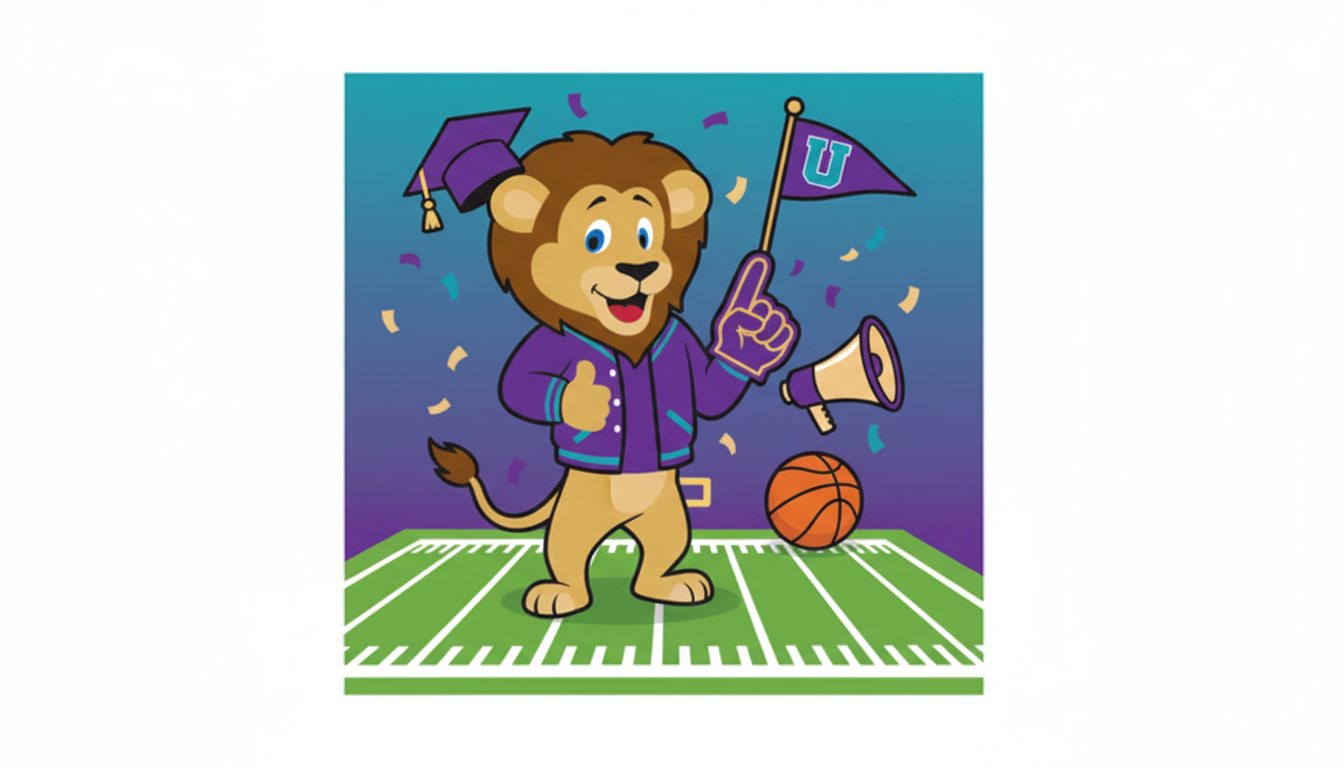 Cartoon Newman lion mascot on a football field wearing a purple varsity jacket and graduation cap, holding a “U” pennant and foam finger, with confetti, megaphone, and a basketball—school-spirit celebration