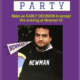Purple “Save the Date” flyer for the “Newman U Party,” featuring yellow and white headline text and the tagline “Make an EARLY DECISION to accept this evening at Newman U!” Center photo shows a man in a black “NEWMAN” sweatshirt, with bottom text noting it’s an adult social and fundraiser on April 11, 7–11 PM at the VFW in Needham.