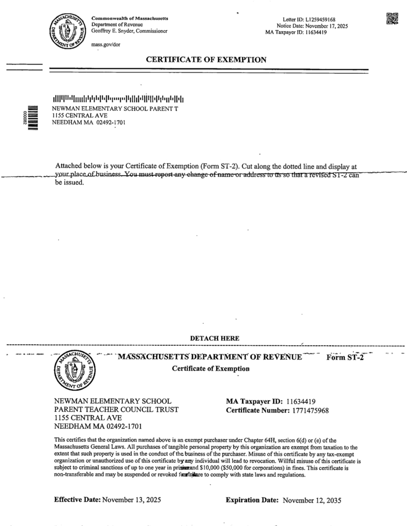 Certificate of Exemption document for Newman PTC.