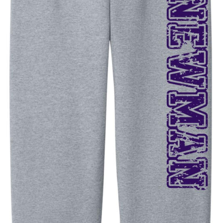 sweatpants with the word "newman" running vertically down the left pant leg.