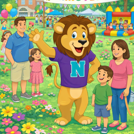 Illustrated spring festival scene on a school lawn with a smiling lion mascot in a purple shirt with a large ‘N,’ surrounded by families, colorful flowers, tents, balloons, and a bounce house beneath a ‘Spring Festival’ banner.