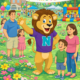 Illustrated spring festival scene on a school lawn with a smiling lion mascot in a purple shirt with a large ‘N,’ surrounded by families, colorful flowers, tents, balloons, and a bounce house beneath a ‘Spring Festival’ banner.