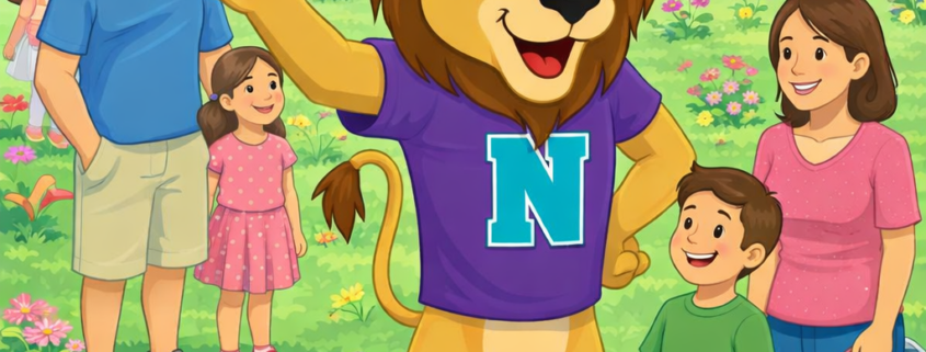 Illustrated spring festival scene on a school lawn with a smiling lion mascot in a purple shirt with a large ‘N,’ surrounded by families, colorful flowers, tents, balloons, and a bounce house beneath a ‘Spring Festival’ banner.