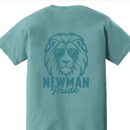 Back of child t-shirt with an illistration of a lion head wearing sunglasses and below it the words "Newman Pride"