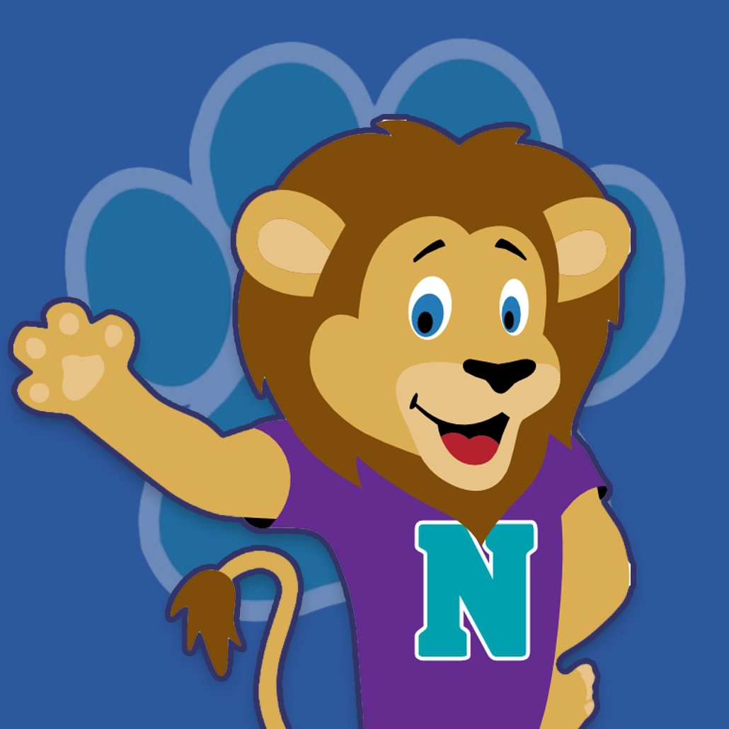 Newman Lion Lion wearing a t-shirt with the letter N waving its right paw.
